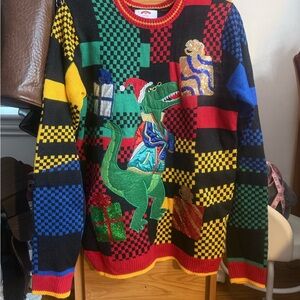 Colorblock Checkered Ugly Christmas Sweater With Sequins And Dinosaur Print